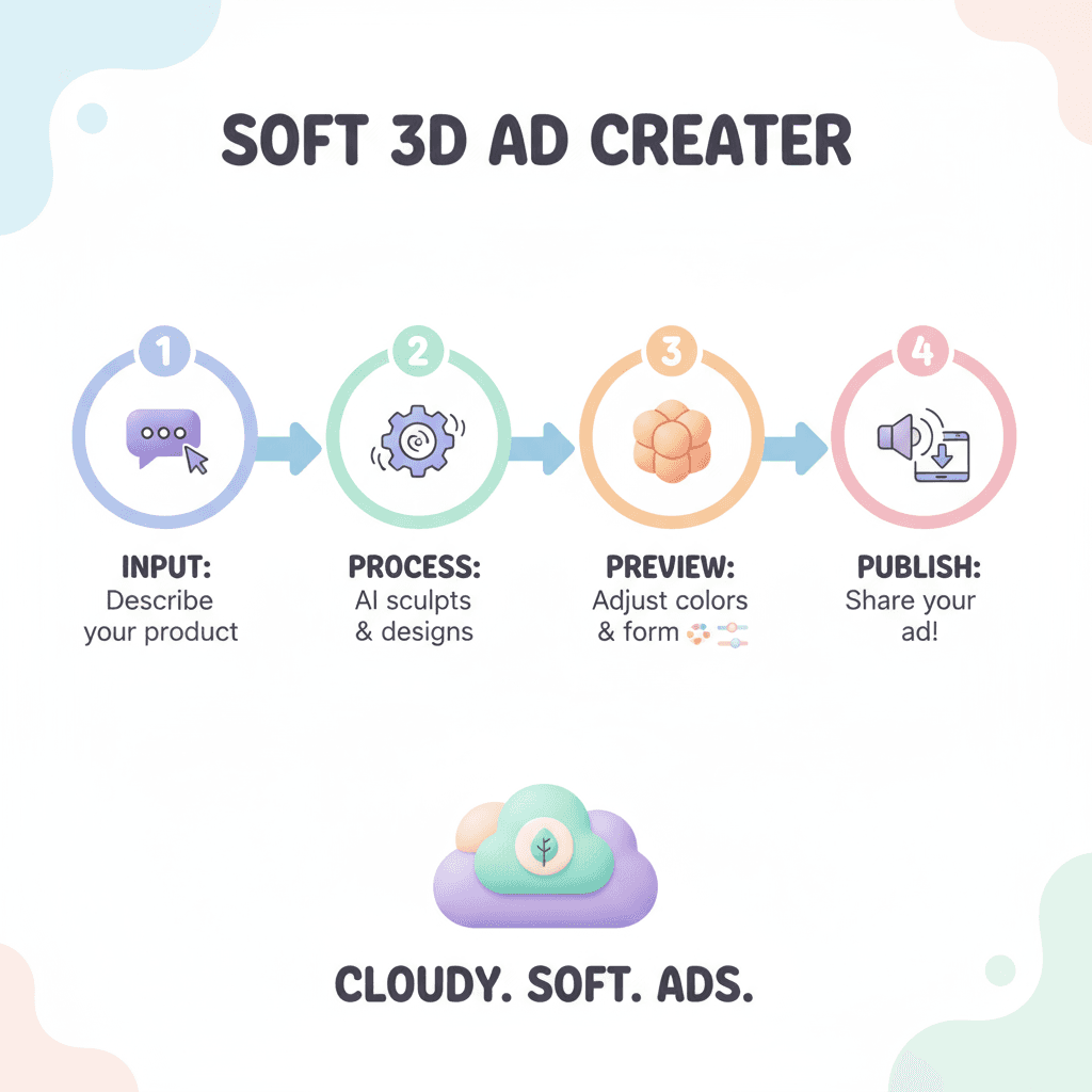 Diagramme de flux d'utilisation pour un outil IA montrant des publicités 3D douces : étapes faciles pour créer des sculptures de produits vibrantes…