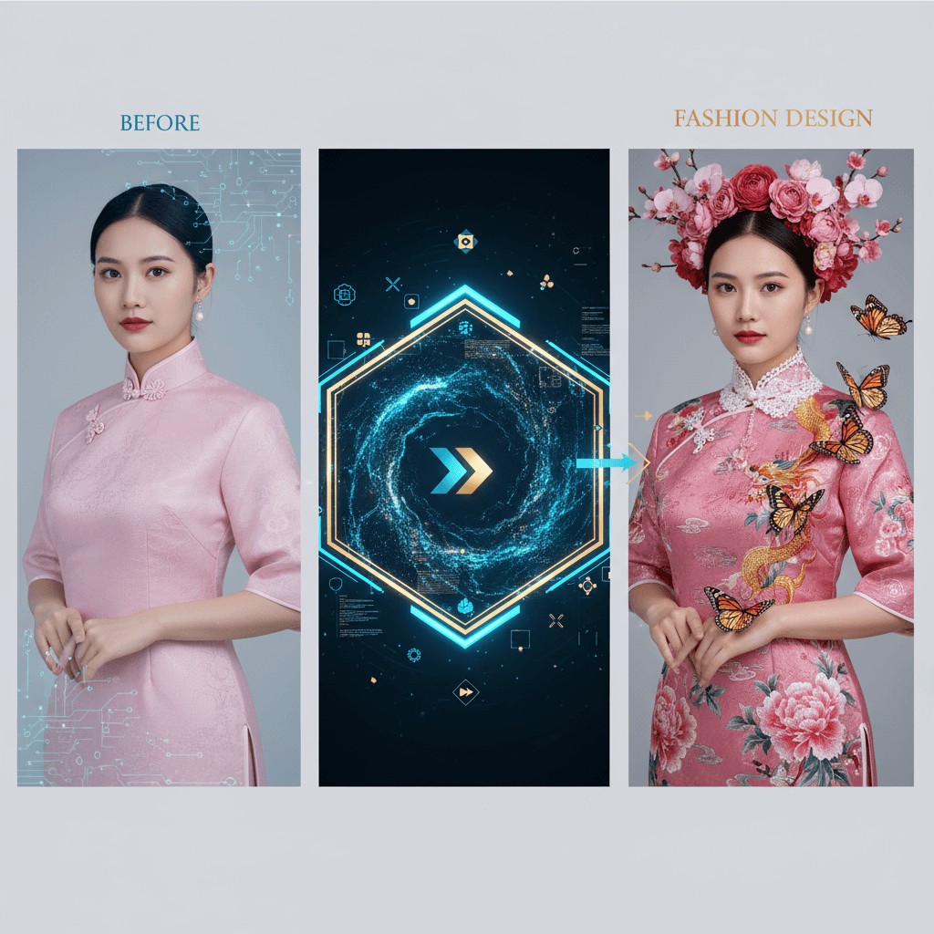 امرأة جميلة في قفطان وردي مع إكسسوارات زهرية وفراشات، تعرض أسلوب غلاف مجلة الموضة من خلال توليد الذكاء الاصطناعي.