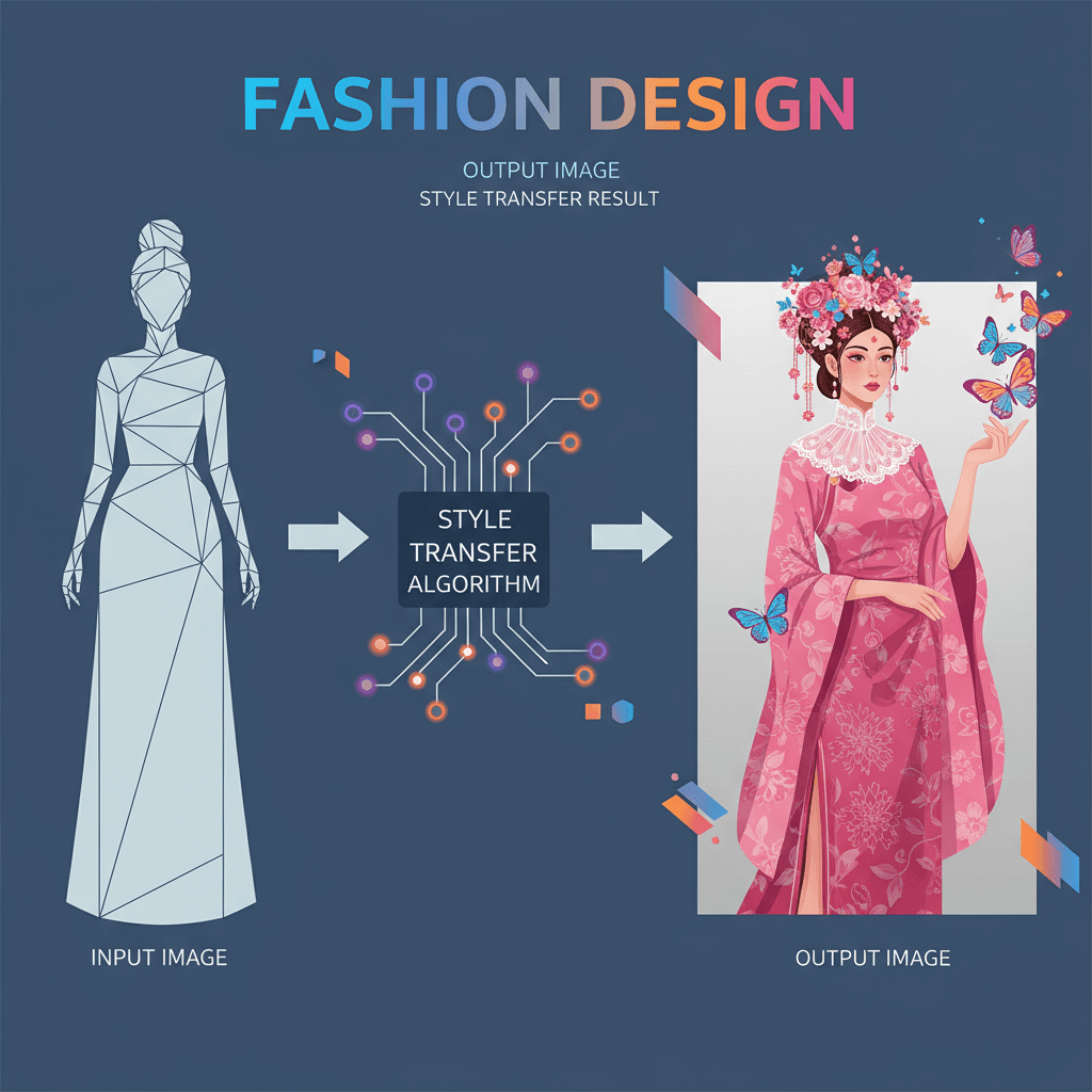 رسم توضيحي تم إنشاؤه بواسطة الذكاء الاصطناعي لامرأة ترتدي قفطان وردي مع فراشات، مقلدًا أسلوب غلاف مجلة الموضة.