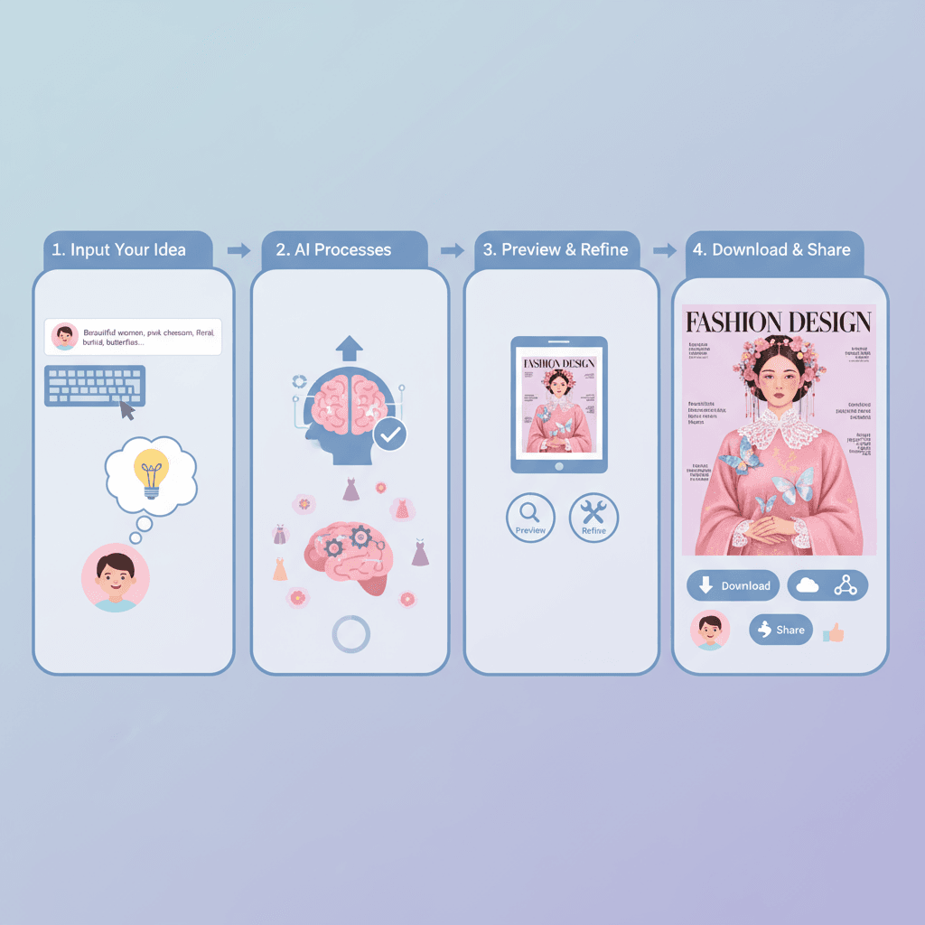 خطوات الاستخدام لأداة الذكاء الاصطناعي في تصميم الأزياء: امرأة أنيقة في قفطان وردي مع فراشات، مصممة مثل غلاف مجلة.