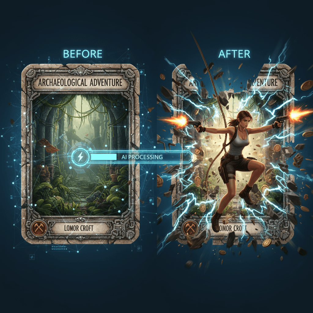 "Tarjeta de Efecto de Destrucción Física (Lara): Lara Croft irrumpe a través de una tarjeta antigua, fusionando aventura y generación de IA en una…