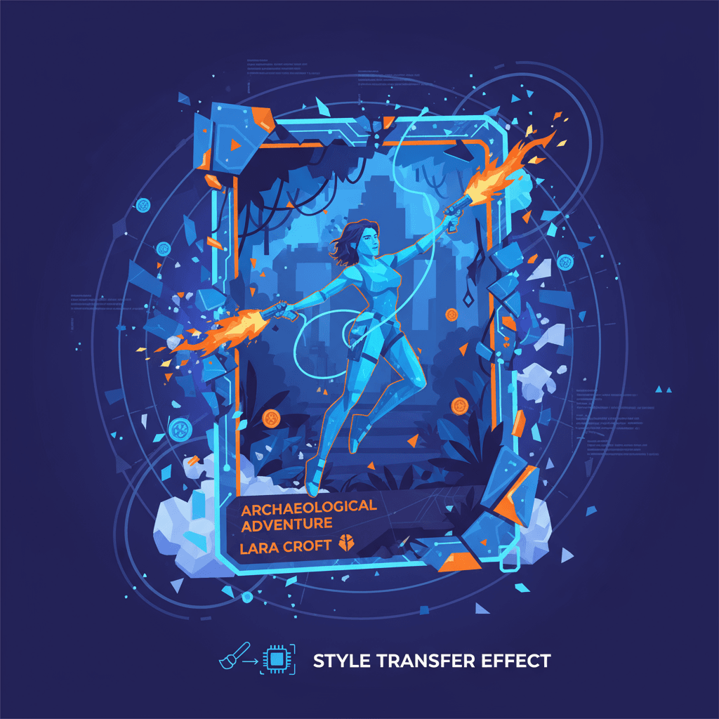 Ilustración hiperrealista de Lara Croft rompiendo a través de una tarjeta de "Aventura Arqueológica", mostrando acción dinámica y aventura.