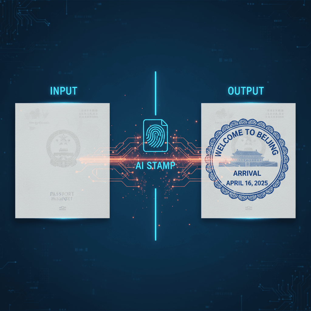 "Tampon d'entrée de passeport : tampon réaliste généré par IA de Pékin avec 'Bienvenue à Pékin', date et silhouette de la Cité Interdite sur une pa…