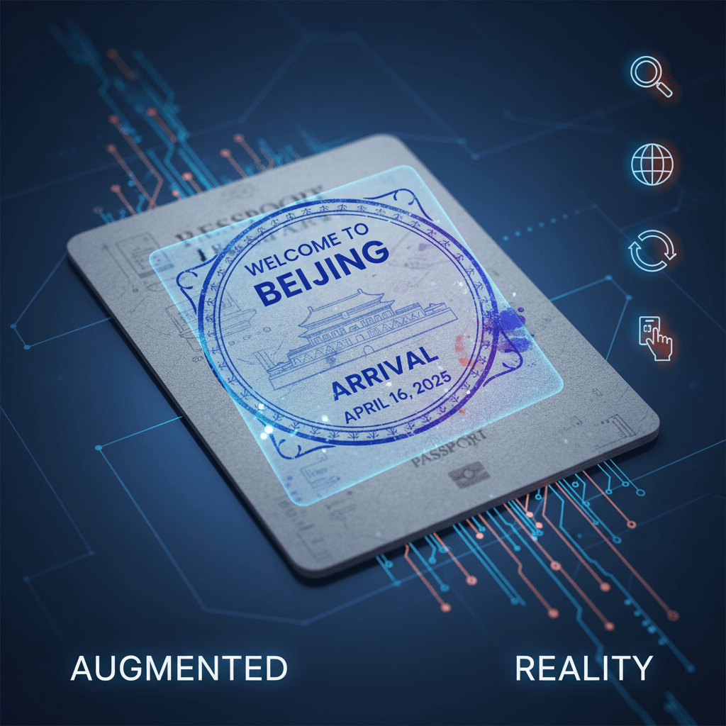 Tampon d'entrée de passeport artistique pour la réalité augmentée, présentant "Bienvenue à Pékin", une date fictive et la silhouette de la Cité Int…