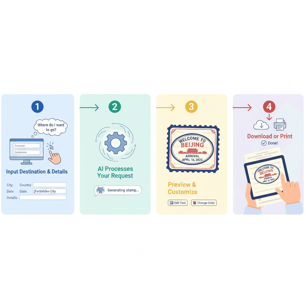 Étapes d'utilisation pour un outil IA afin de créer une page de passeport réaliste avec un tampon d'entrée de Pékin, montrant la facilité d'utilisa…
