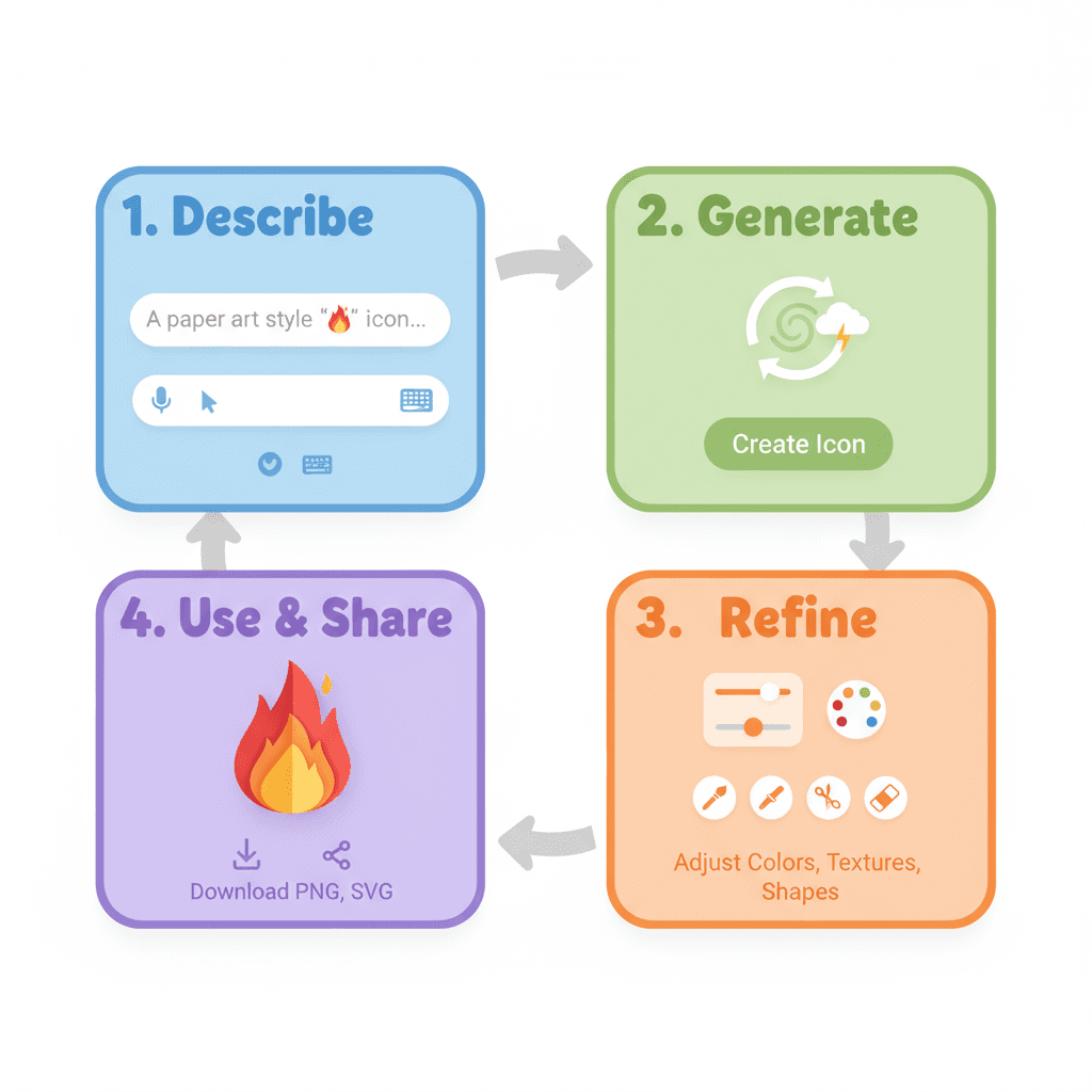 Diagramme de flux montrant les étapes d'utilisation d'un outil AI pour créer une icône emoji « 🔥 » en style papercraft ludique.