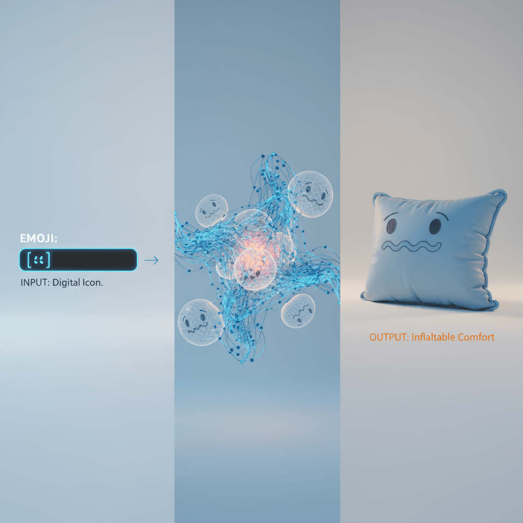 Render 3D dari Bantal Inflatable Emoji 🥹 yang empuk dan terisi udara, desain playful dengan bayangan lembut, generasi AI.