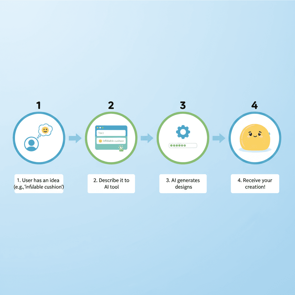 Langkah-langkah penggunaan untuk membuat render 3D playful dari bantal emoji inflatable menggunakan alat AI, menekankan kemudahan penggunaan.