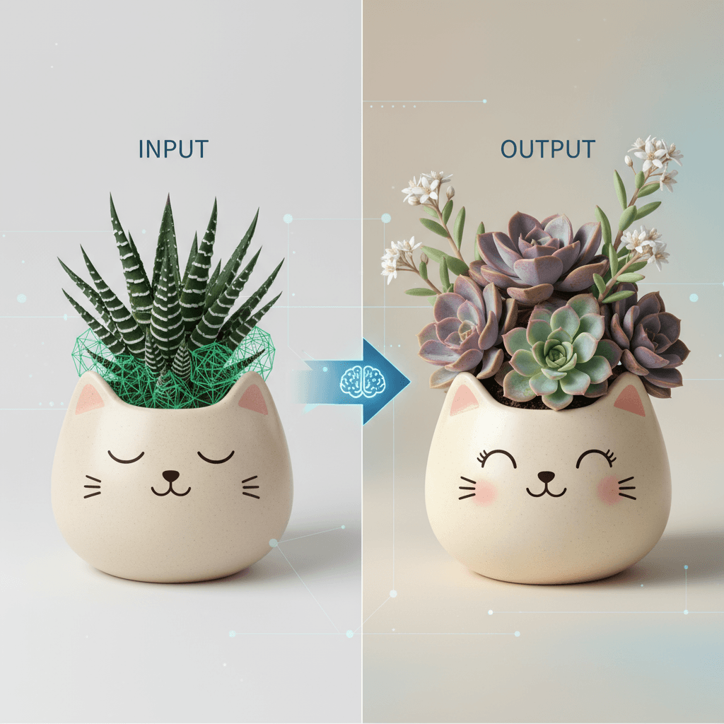 Linda maceta de cerámica con una cara amigable, llena de suculentas vibrantes, generada por IA para la funcionalidad de Maceta Creativa.