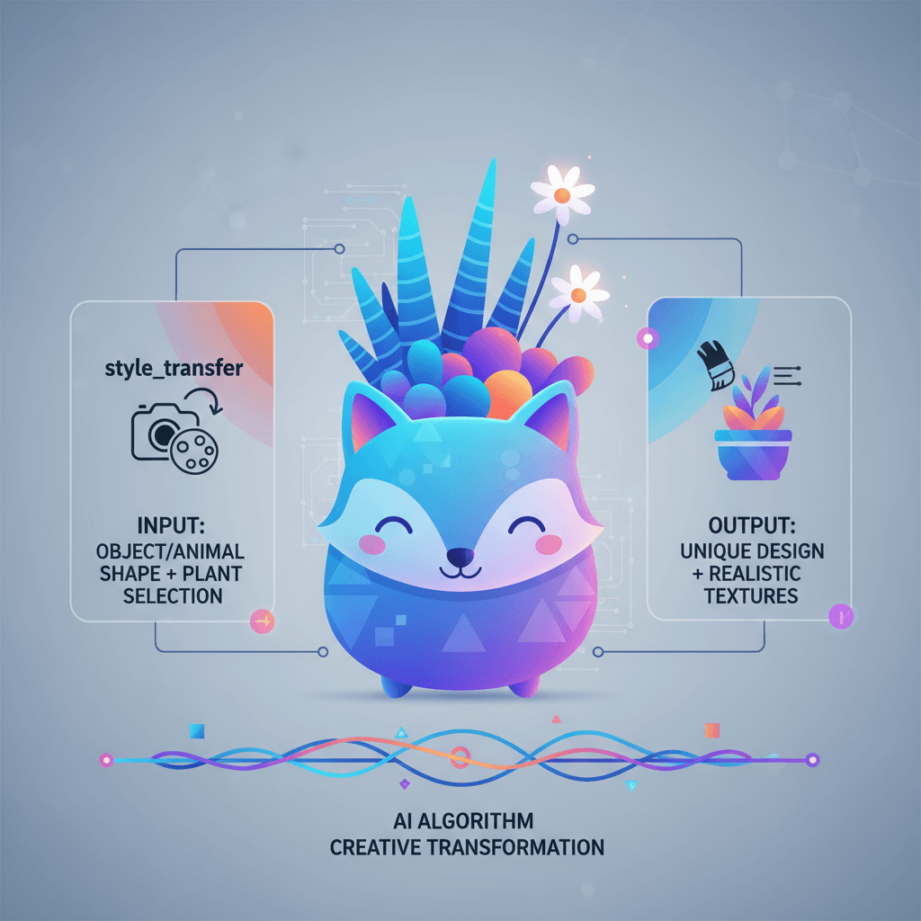 Linda maceta de cerámica con una cara amigable, llena de suculentas vibrantes, en un estilo minimalista. Aplicación de transferencia de estilo de IA.