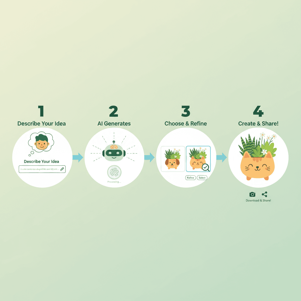 Pasos de uso para la herramienta de IA: Maceta Creativa - una linda maceta de cerámica llena de suculentas vibrantes, que muestra facilidad y encanto.