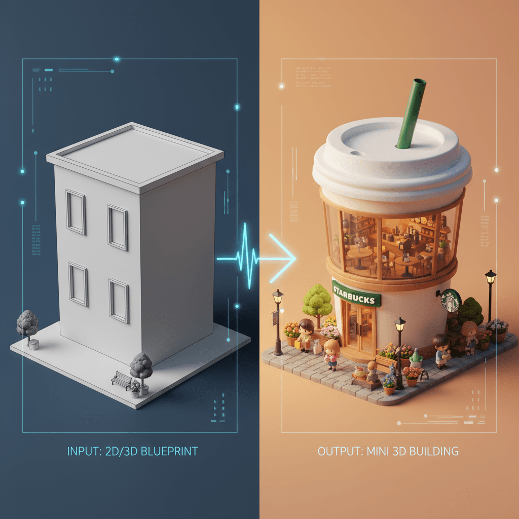 Bâtiment 3D miniature : Café Starbucks fantaisiste en 3D de style chibi avec un intérieur confortable, une scène de rue et des détails générés par AI.