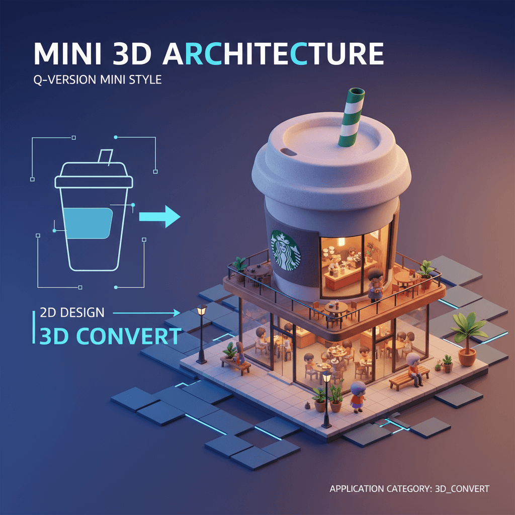 Café Starbucks fantaisiste en 3D de style chibi dans une tasse de café, avec un intérieur confortable et une scène de rue charmante. Parfait pour l…