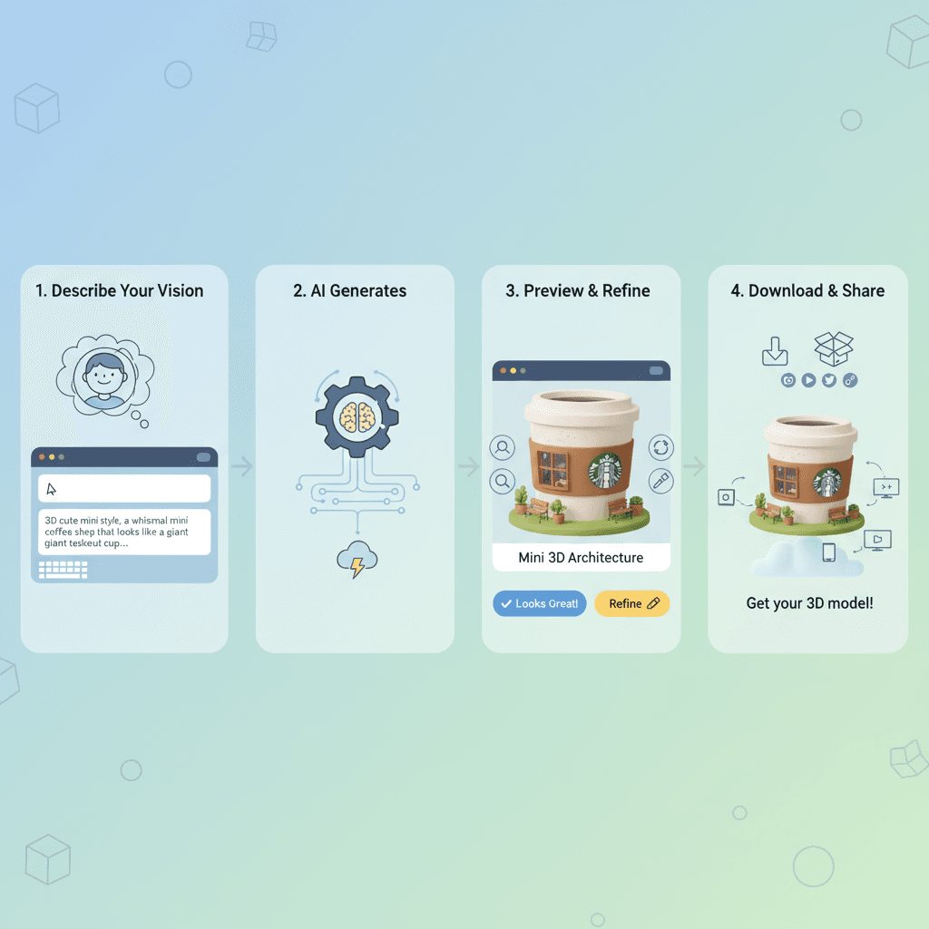 Étapes d'utilisation pour un outil AI : Créez un café miniature 3D fantaisiste avec facilité, guidant les utilisateurs à travers un processus de co…