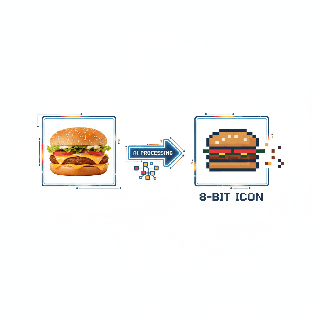 Ícono de píxeles de 8 bits: generación de IA de un logo minimalista de arte de píxeles de 8 bits de hamburguesa sobre un fondo blanco, con colores…