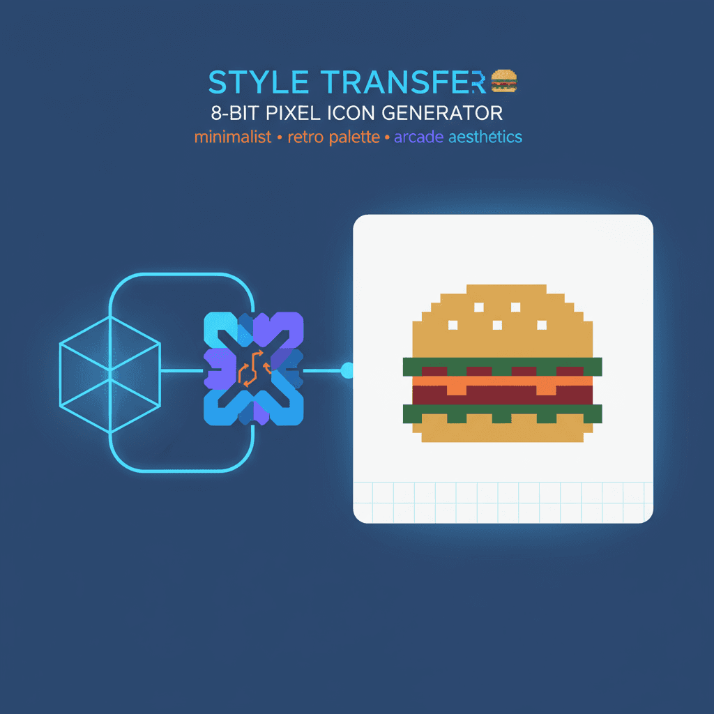 Logo de arte de píxeles de 8 bits de una hamburguesa sobre un fondo blanco, mostrando estética retro para aplicaciones de transferencia de estilo d…