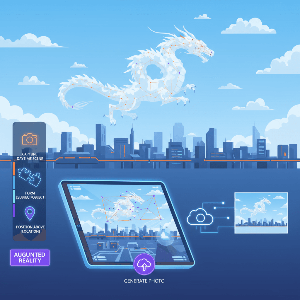 Ilustrasi artistik awan yang tersebar berbentuk pohon di atas taman yang tenang, menampilkan AI dalam realitas tertambah.