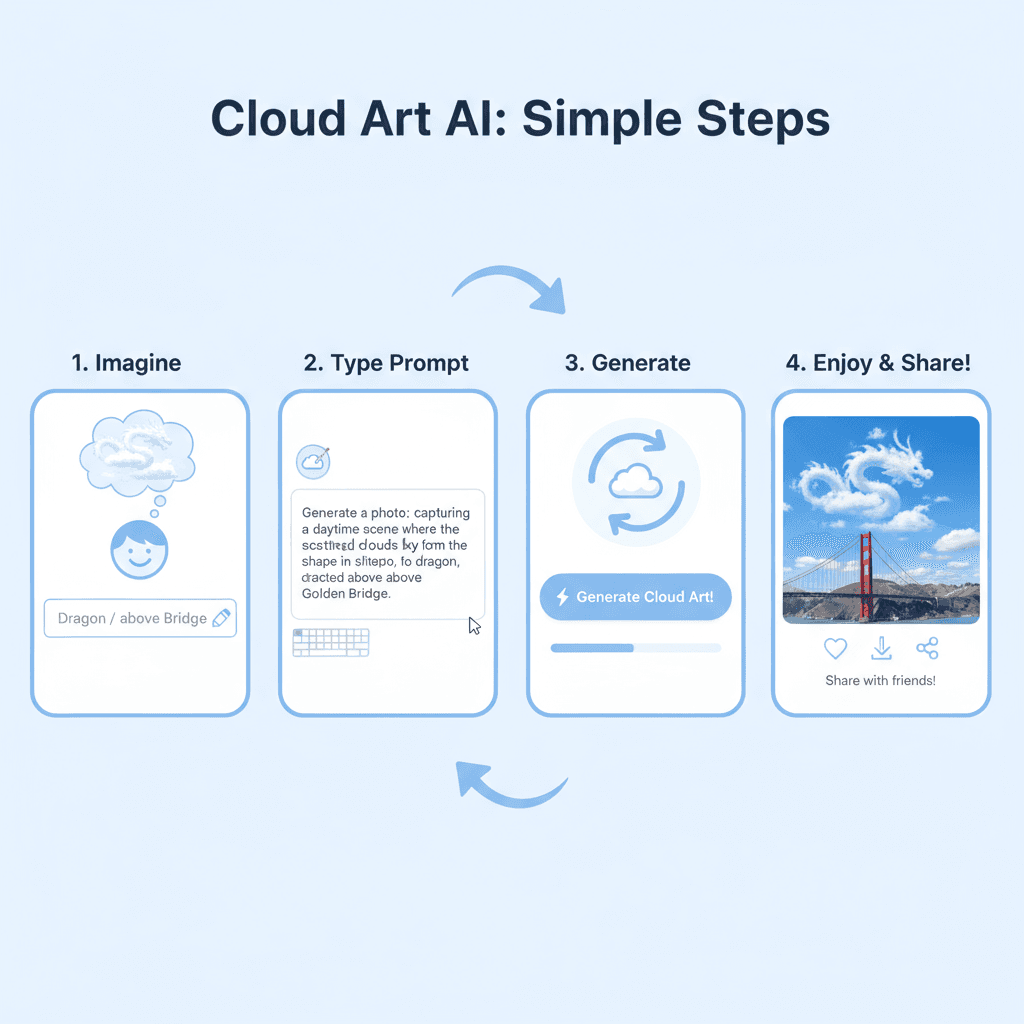 Langkah penggunaan untuk alat AI untuk menghasilkan pemandangan siang hari dengan bentuk awan di atas lokasi yang ditentukan.