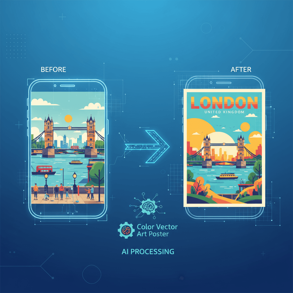 Poster Seni Vektor Berwarna: Generasi AI dari pemandangan musim panas London yang cerah dengan judul "LONDON" dan "INGGRIS RAYA."