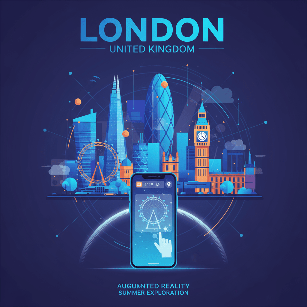 Poster seni vektor berwarna yang menampilkan judul "LONDON" dan "INGGRIS RAYA", menampilkan tema musim panas untuk pengalaman realitas tertambah.