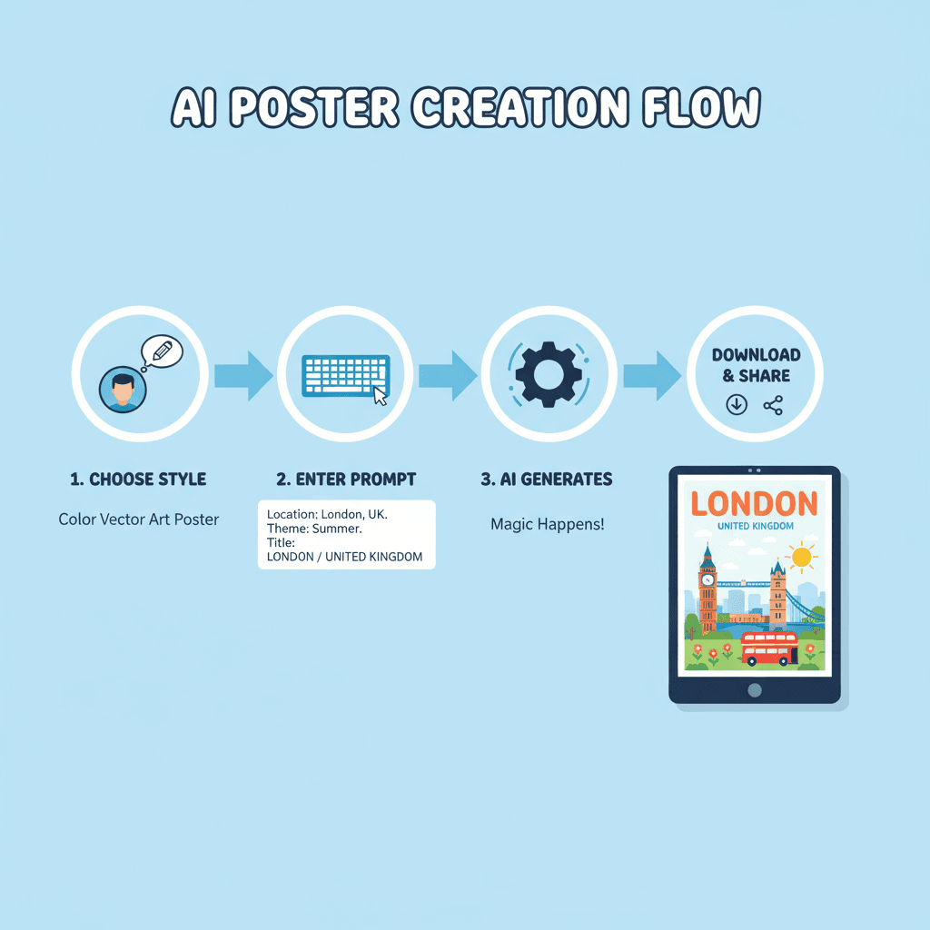 Langkah penggunaan untuk membuat poster seni vektor berwarna bertema musim panas dalam alat AI, menampilkan judul "LONDON" dan "INGGRIS RAYA."