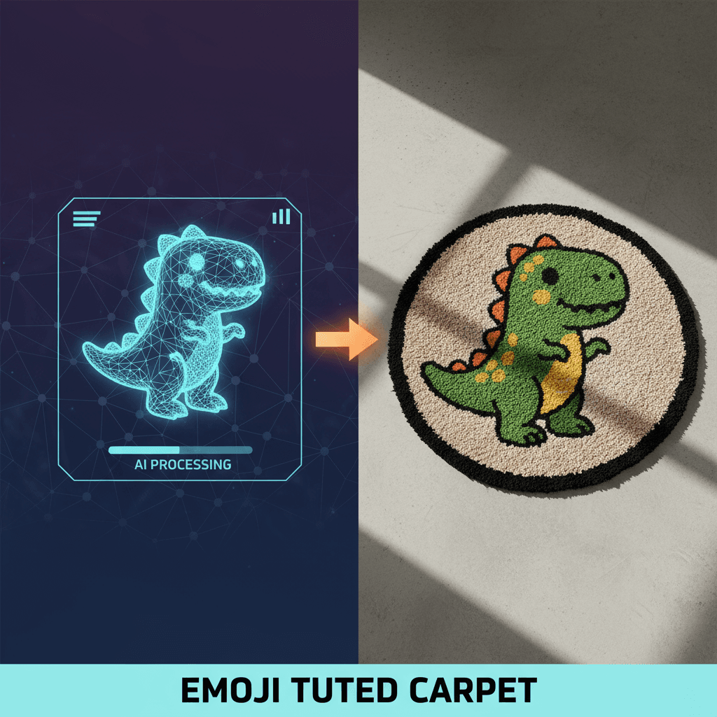 سجادة إيموجي 🦖 ملونة مصنوعة يدويًا على أرضية بسيطة، نمط DIY جريء، ملمس ناعم، ألوان زاهية، توليد بالذكاء الاصطناعي بواسطة سجادة توفتيد إيموجي.