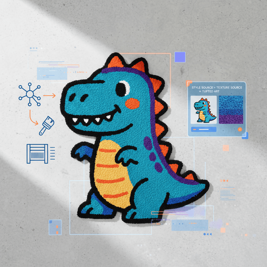 سجادة إيموجي 🦖 ملونة مصنوعة يدويًا على أرضية بسيطة، تعرض تصميمًا مرِحًا وملمسًا مريحًا. تطبيق نقل الأسلوب بالذكاء الاصطناعي.