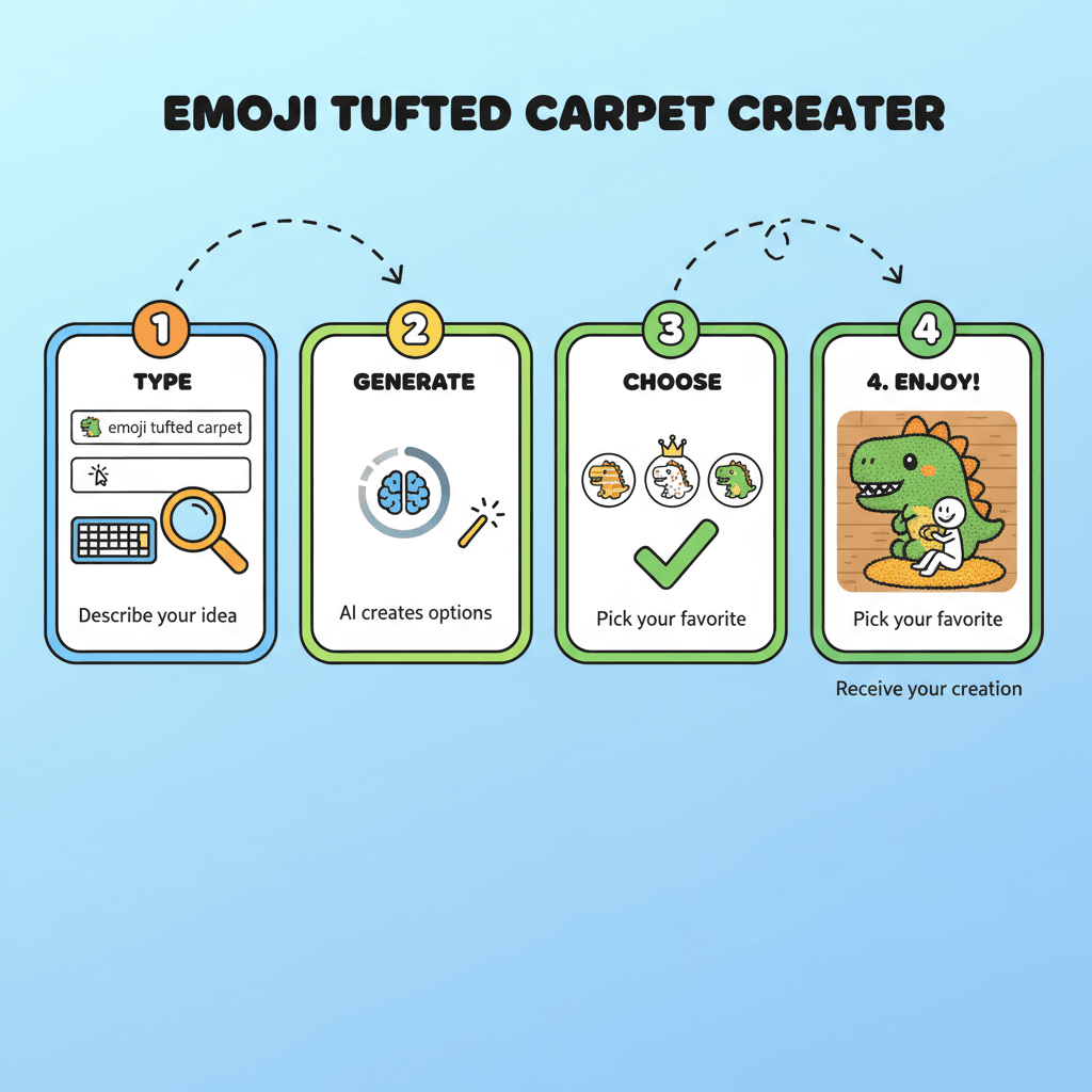 "خطوات الاستخدام لإنشاء سجادة ملونة مصنوعة يدويًا على شكل إيموجي 🦖 باستخدام أداة الذكاء الاصطناعي، تعرض عملية DIY ممتعة وسهلة."