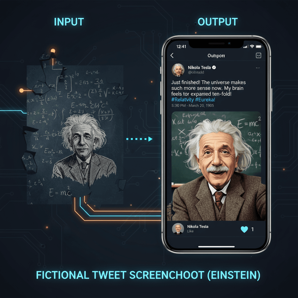 상대성 이론 이후 아인슈타인의 하이퍼 리얼리즘 트윗, 수식이 담긴 셀카 포함; 테슬라가 좋아했습니다. 허구의 트윗 스크린샷에 의한 AI 생성.