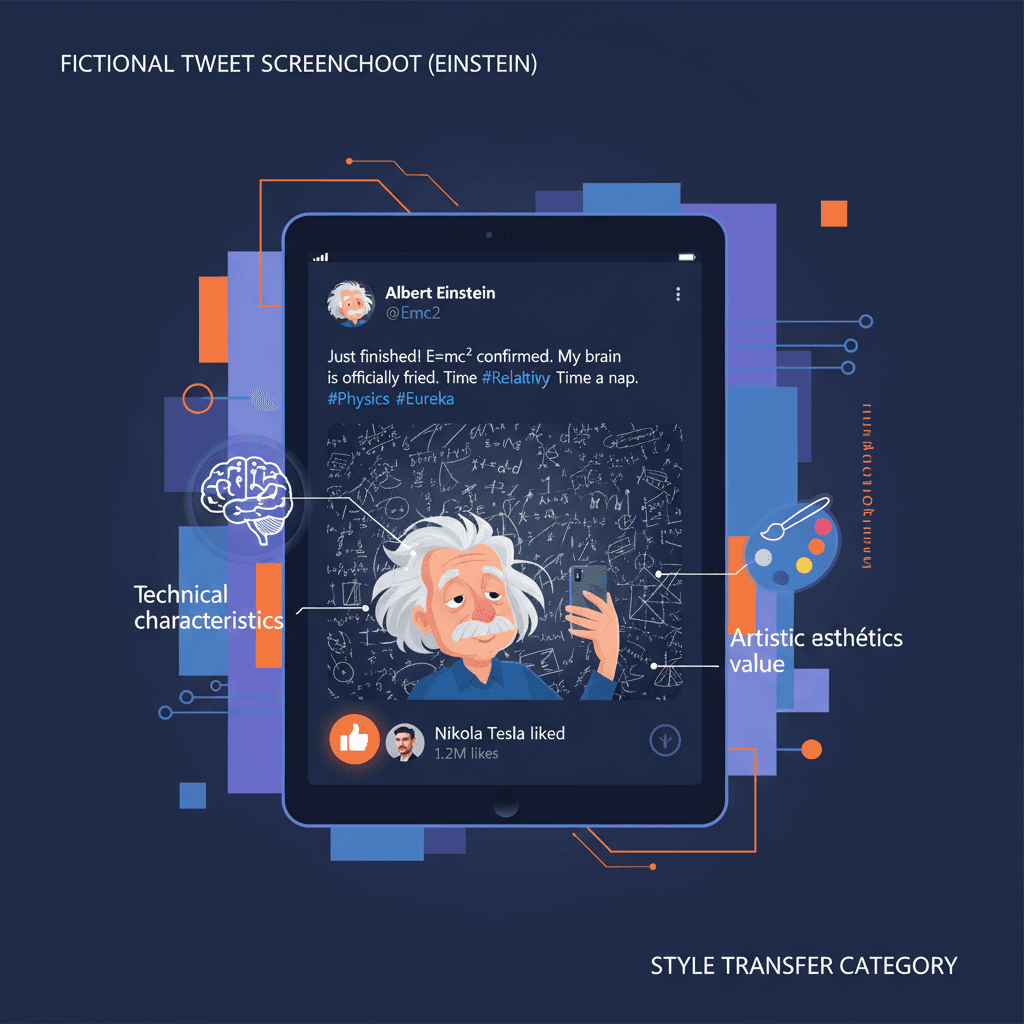 상대성 이론 이후 아인슈타인의 하이퍼 리얼리즘 트윗, 수식이 담긴 셀카 포함; 테슬라가 좋아했습니다. AI 스타일 전송 일러스트.