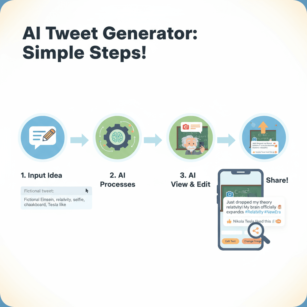 AI 도구 사용 단계: 아인슈타인의 셀카와 수식, 테슬라의 좋아요가 포함된 하이퍼 리얼리즘 트윗으로 쉽게 공유하는 모습을 보여줍니다.