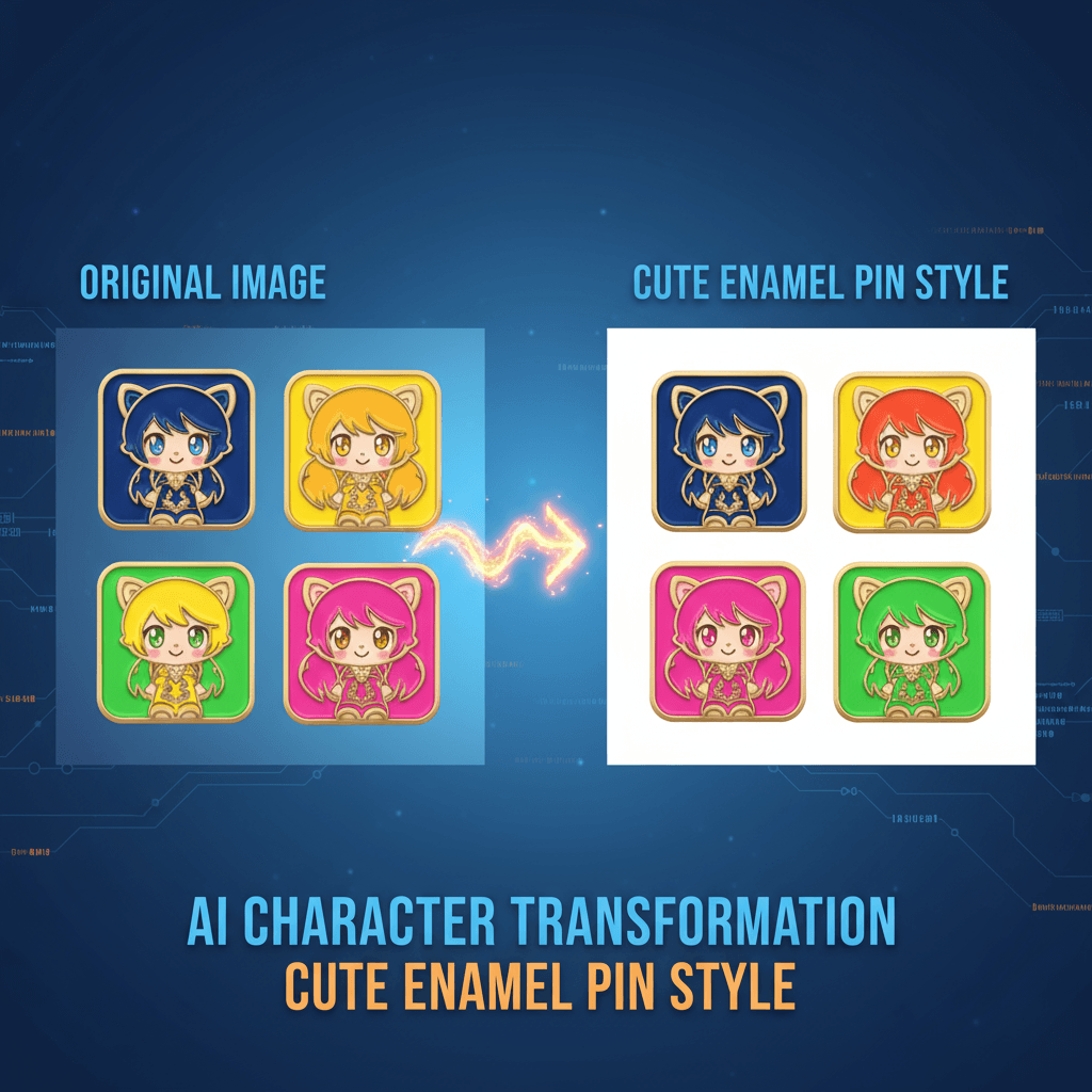 Niedliche Emaille-Nadel: KI-Generierung, die eine Person in ein lebhaftes Emaille-Abzeichen mit glänzenden Metallumrissen auf weißem Hintergrund ve…