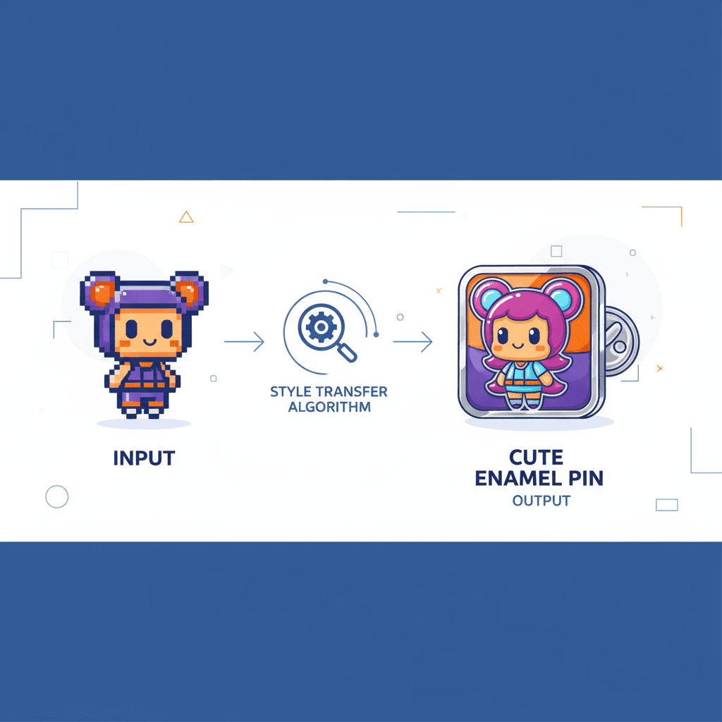 Künstlerische Illustration einer niedlichen Emaille-Nadel, die glänzende Metallumrisse und lebendige Emaille-Füllungen in einem Quadrat-Mockup-Form…