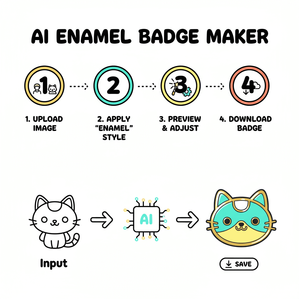 Nutzungsanweisungen für ein KI-Tool, um eine Person in eine niedliche Emaille-Nadel mit lebhaften Farben und glänzenden Umrissen zu verwandeln.