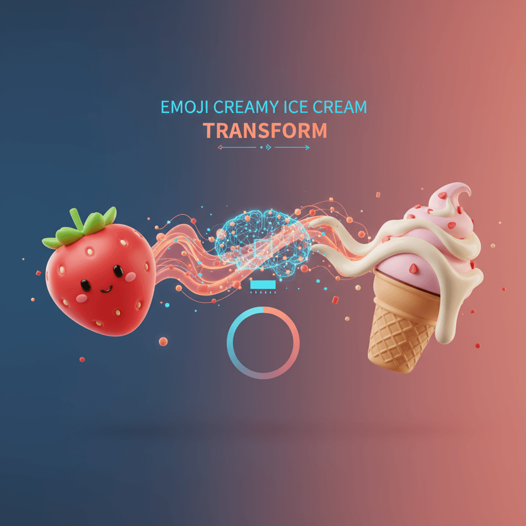 "Emoji Helado de Crema: la generación de IA transforma 🍓 en un lindo helado 3D con espirales cremosas sobre un fondo de color sólido."
