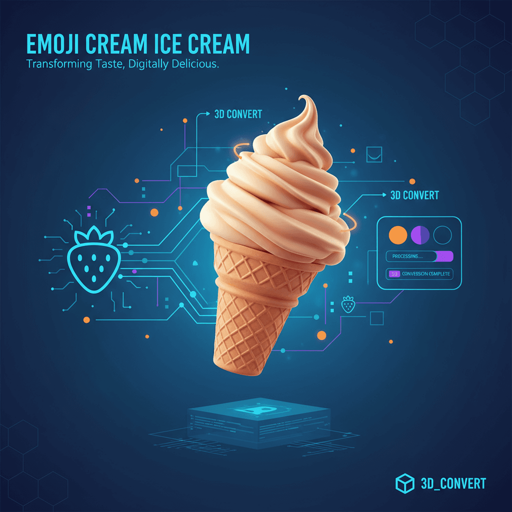 Ilustración 3D de un lindo helado emoji con crema fluyendo, flotando en un ángulo contra un fondo sólido monocromático.