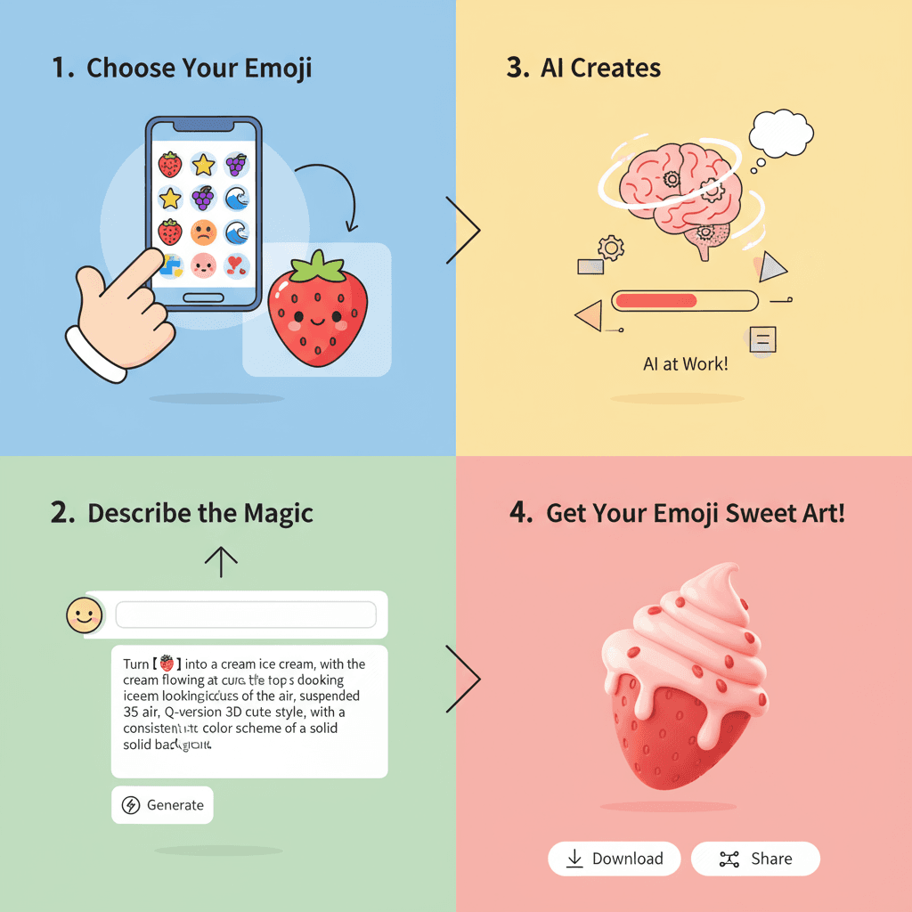 Pasos de uso para una herramienta de IA: Transforma 🍓 en un helado cremoso estilo chibi, mostrando un proceso divertido y fácil.