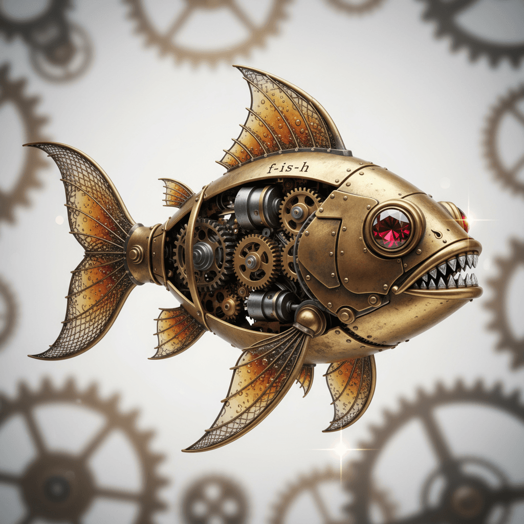 Steampunk Mechanischer Fisch mit Messinggehäuse, Zahnradmechanismen, Diamantzähnen und Rubinaugen; KI-Generierung, reiche Details, coole Ästhetik.
