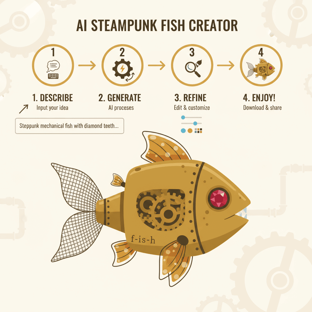 Nutzungsanweisungen für ein KI-Tool: Erkunden Sie das coole Design des steampunk-mechanischen Fisches, das seine einzigartigen Merkmale und Funktio…