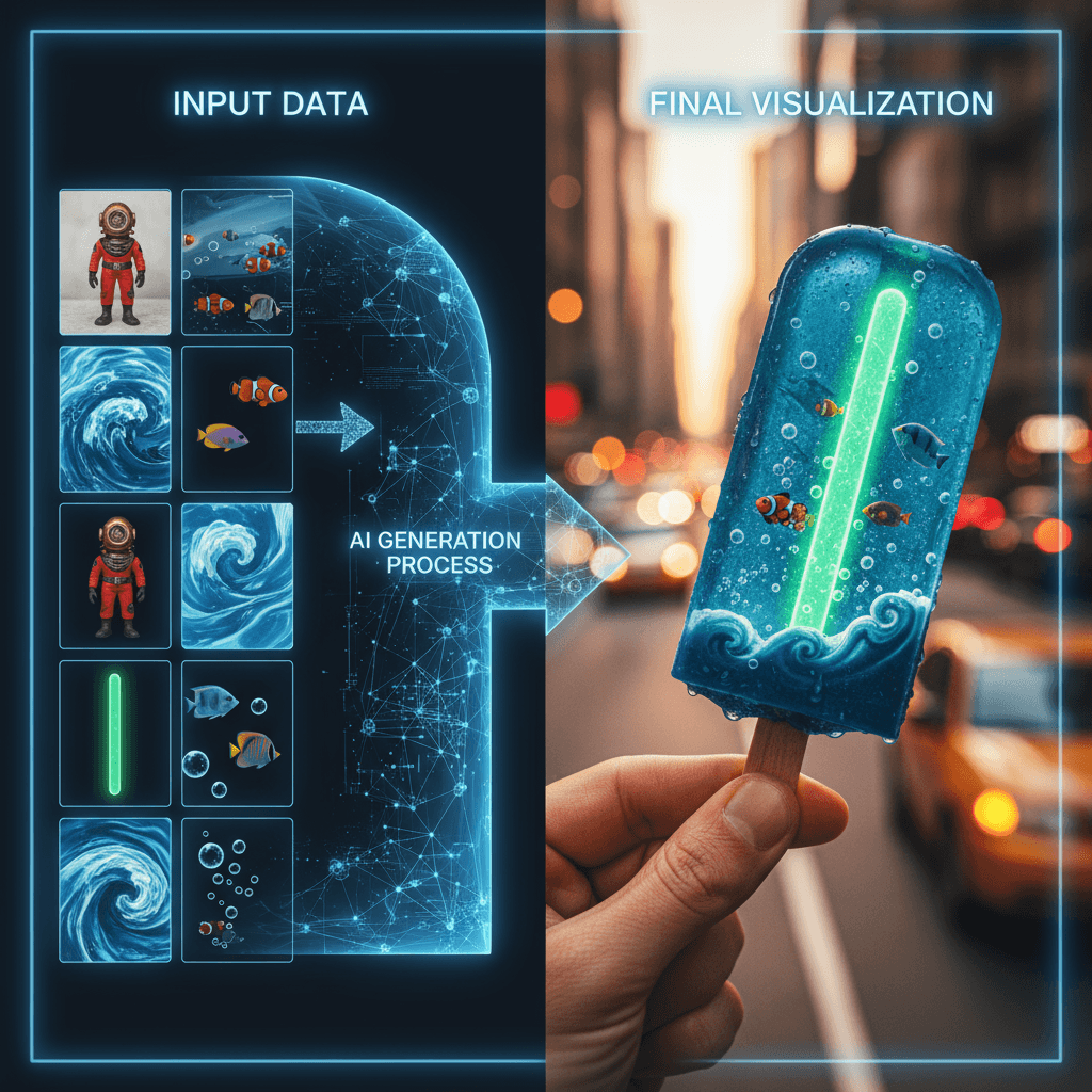 "ファンタジー水中アイスキャンディー:シュールなアイスキャンディーが水中のシーンを明らかにし、ぼやけたニューヨークの街の背景で手に持たれています。AI生成。"