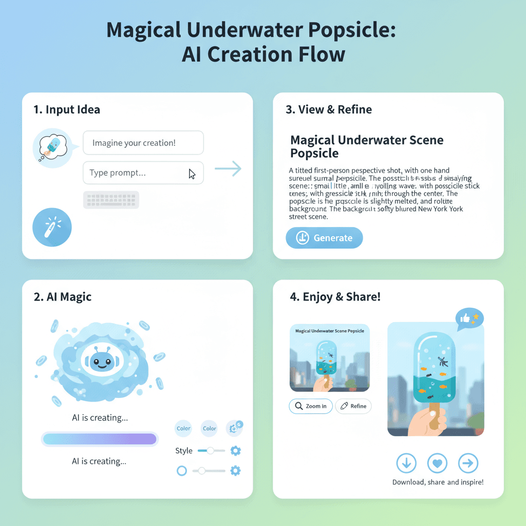 "ファンタジー水中アイスキャンディーの使用手順、スタイリッシュなニューヨークの設定で簡単に楽しむAIツールを紹介します。"