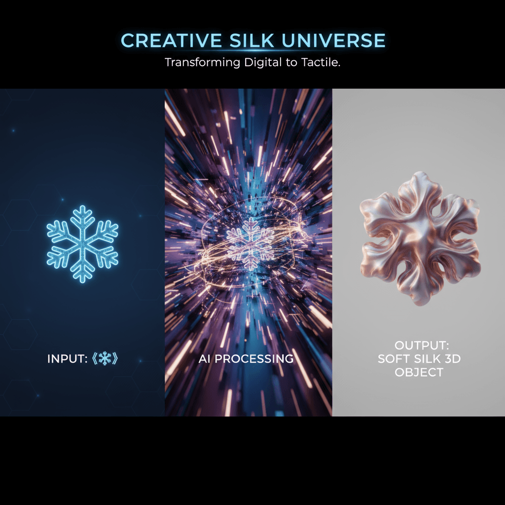 창의적인 실크 유니버스는 ❄️을 초현실적인 주름이 있는 부드러운 3D 실크 질감의 객체로 변환합니다. AI 생성.