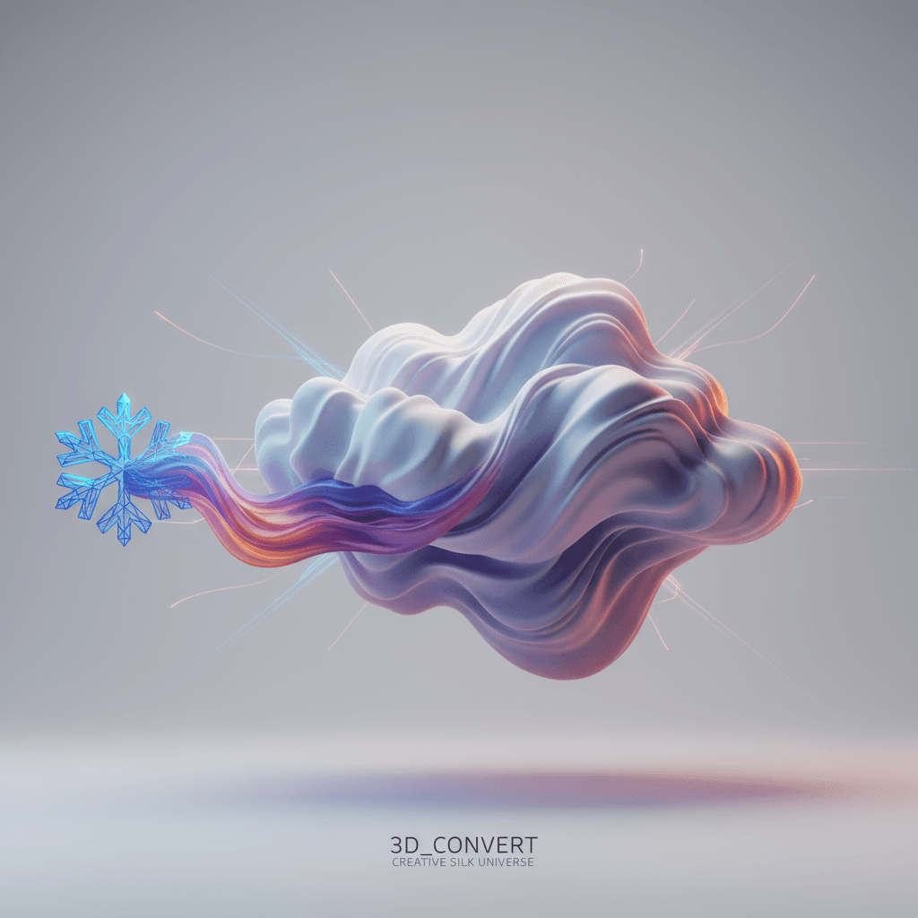 부드러운 실크 질감의 ❄️ 3D 일러스트레이션, 연한 회색 배경 위에서 우아하게 떠 있으며 AI의 창의적 능력을 보여줍니다.