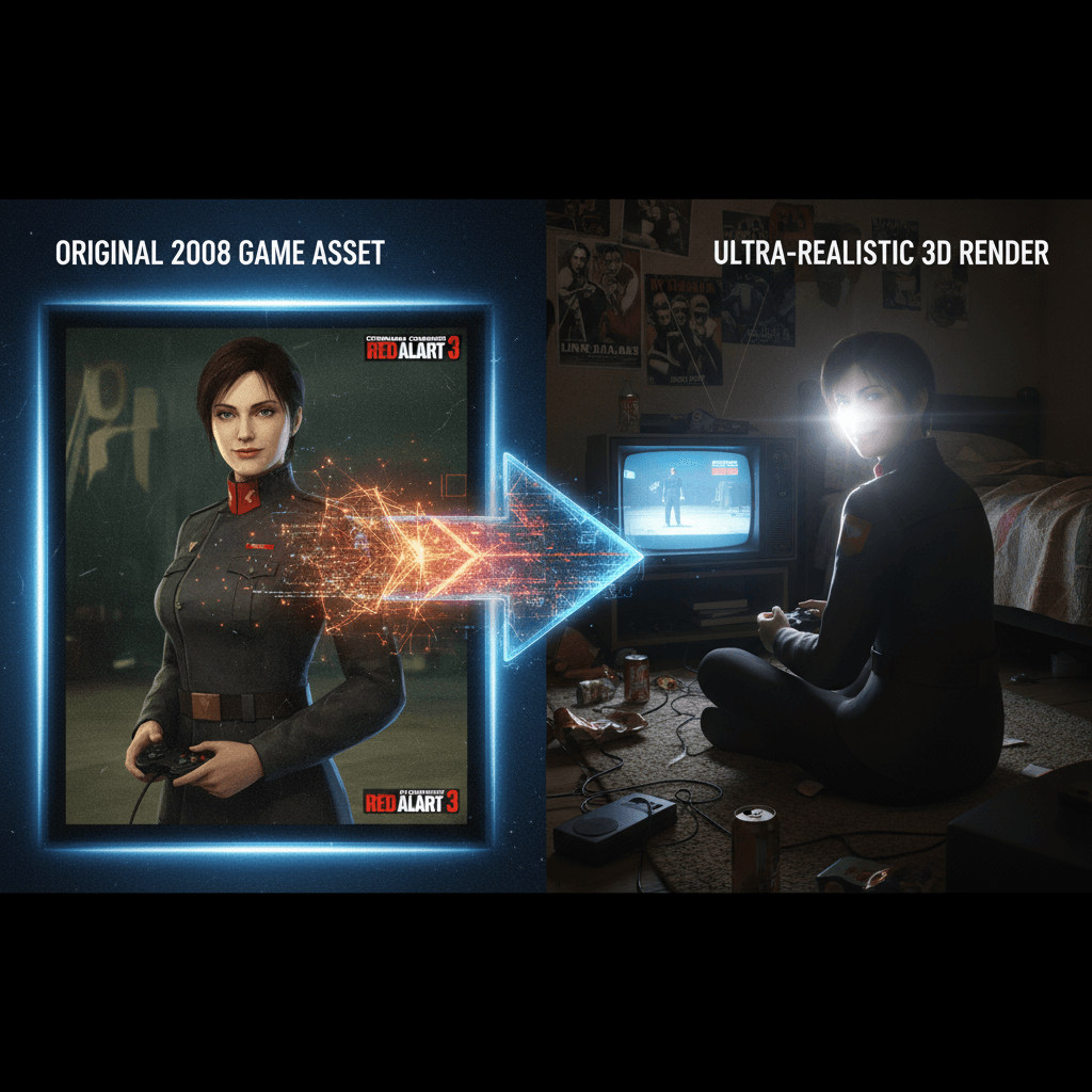 Scène de jeu 3D hyper-réaliste : Natasha générée par IA de *Red Alert 3* dans une chambre nostalgique de 2008, capturée dans un moment candide.