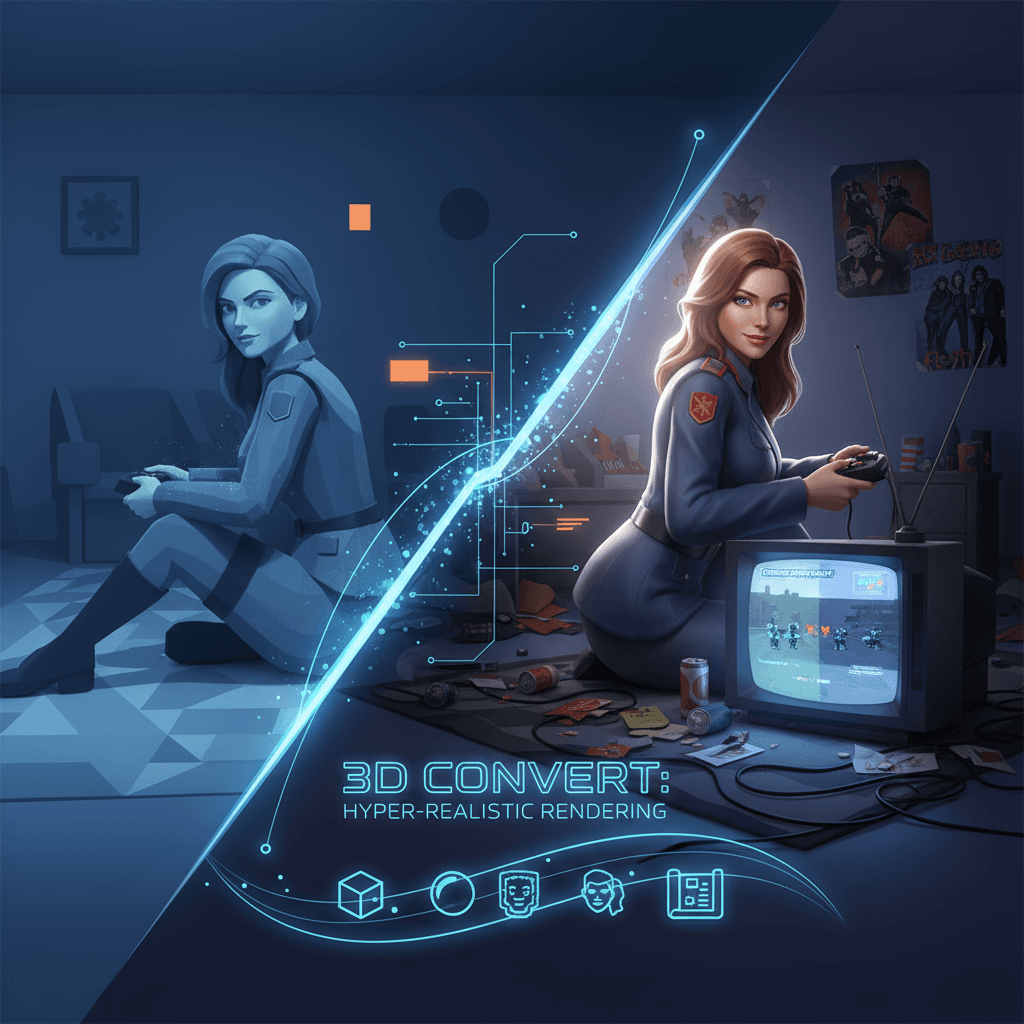 Rendu 3D hyper-réaliste de Natasha de *Red Alert 3* dans une chambre nostalgique de 2008, mettant en valeur la recréation de la scène de jeu par l'IA.