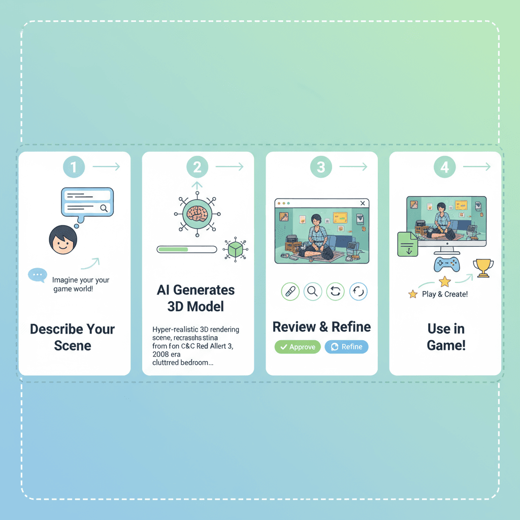 Étapes d'utilisation pour l'outil IA : Créez une scène de jeu 3D hyper-réaliste mettant en vedette Natasha dans une chambre nostalgique de 2008.