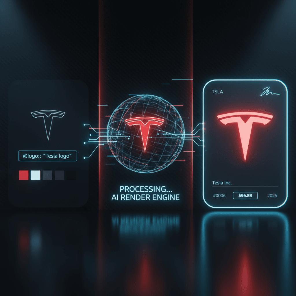 بطاقة تداول شعار مستقبلية: بطاقة تداول ثلاثية الأبعاد تم إنشاؤها بواسطة الذكاء الاصطناعي مع جمالية نيون داكنة وإضاءة خيال علمي لجاذبية بصرية محسنة.
