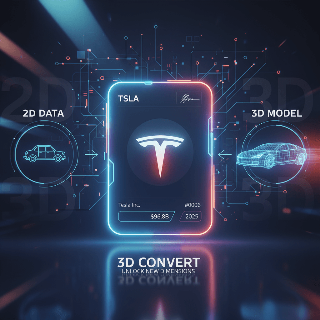 بطاقة تداول مستقبلية بتصميم نيون وإضاءة خيال علمي، تعرض أدوات الذكاء الاصطناعي لتحويل الصور ثلاثية الأبعاد.