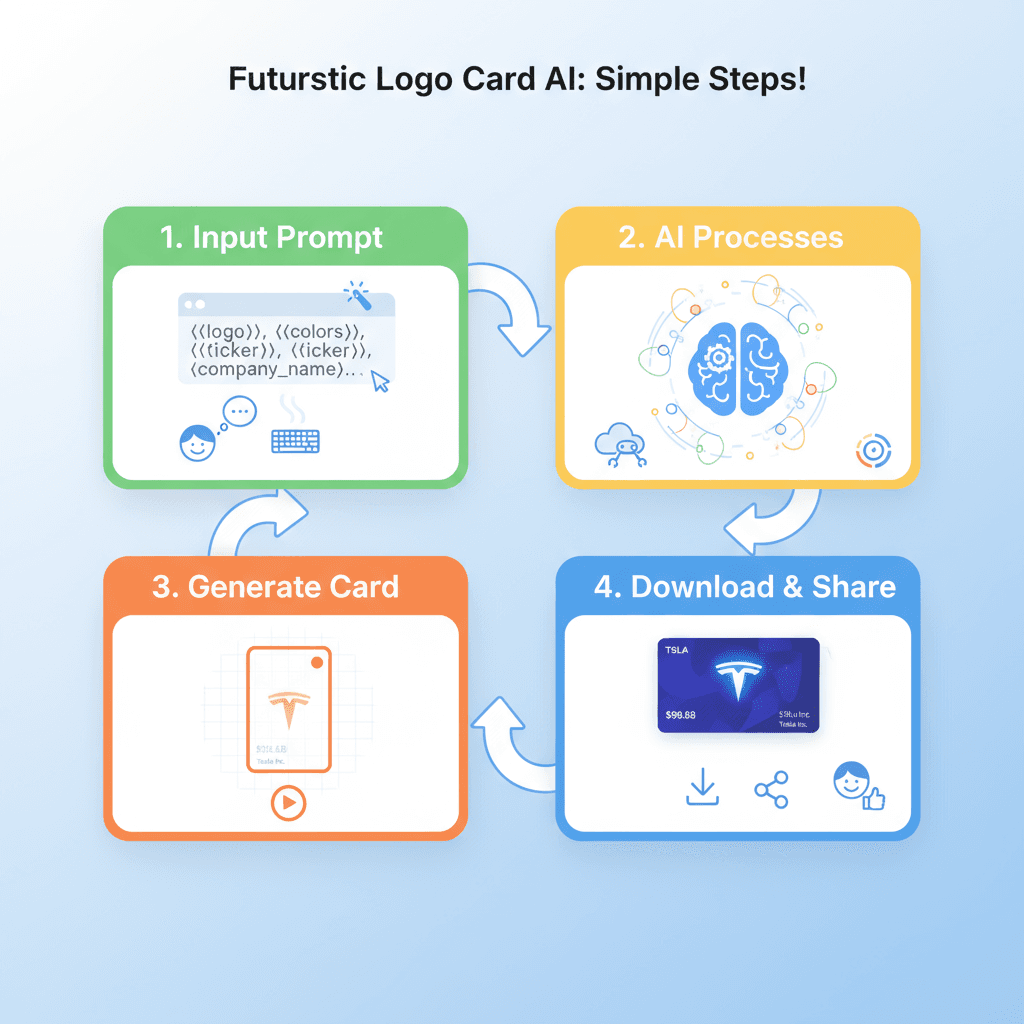 خطوات الاستخدام لأداة الذكاء الاصطناعي لإنشاء بطاقة تداول شعار مستقبلية بتصميم نيون. عملية بسيطة وبديهية.