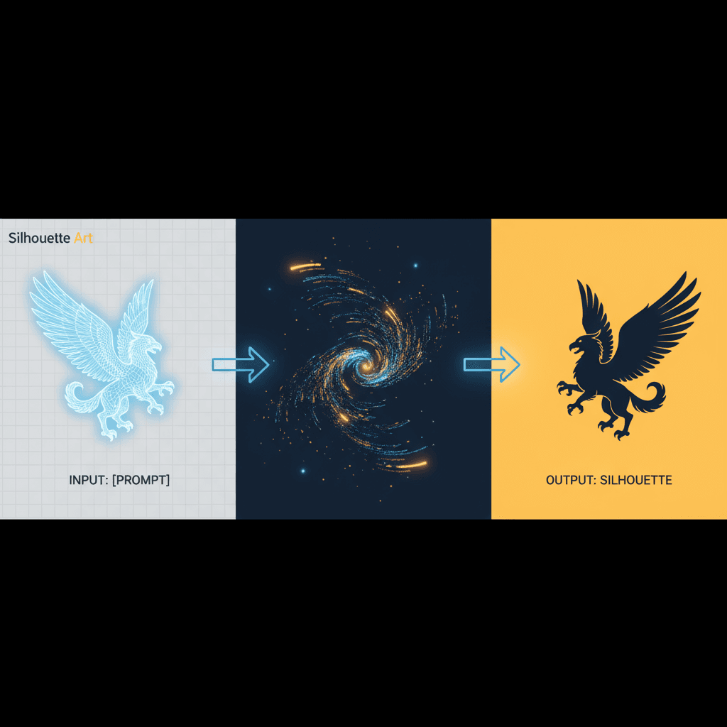 剪影艺术工具核心功能:AI生成的基础轮廓剪影,黑色实心填充,背景亮黄色,增强现实应用。